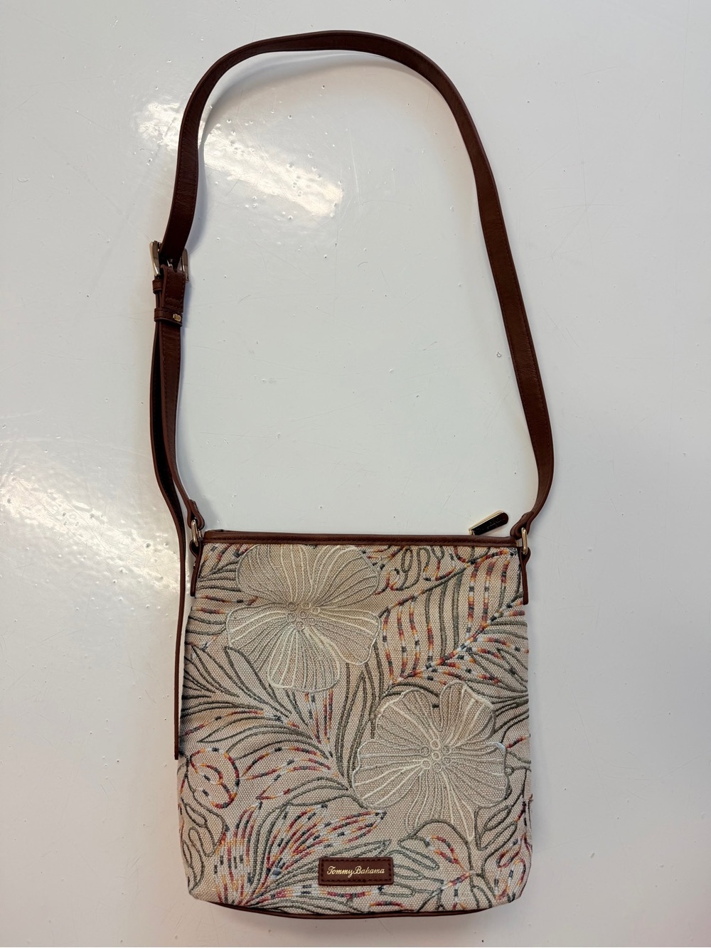 Tommy Bahama Beige Floral Crossbody with Brown Strap